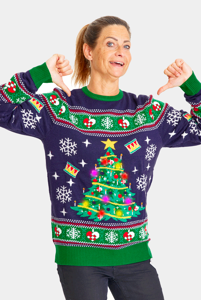 Maglione Natalizio di Coppia con Luci LED Donna Blu con Albero di Natale