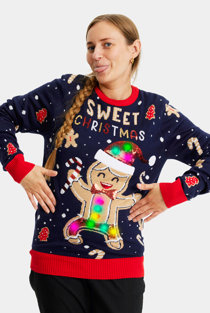 Maglione Natalizio di Coppia con Luci LED Uomo Blu Ginger Cookie Donna