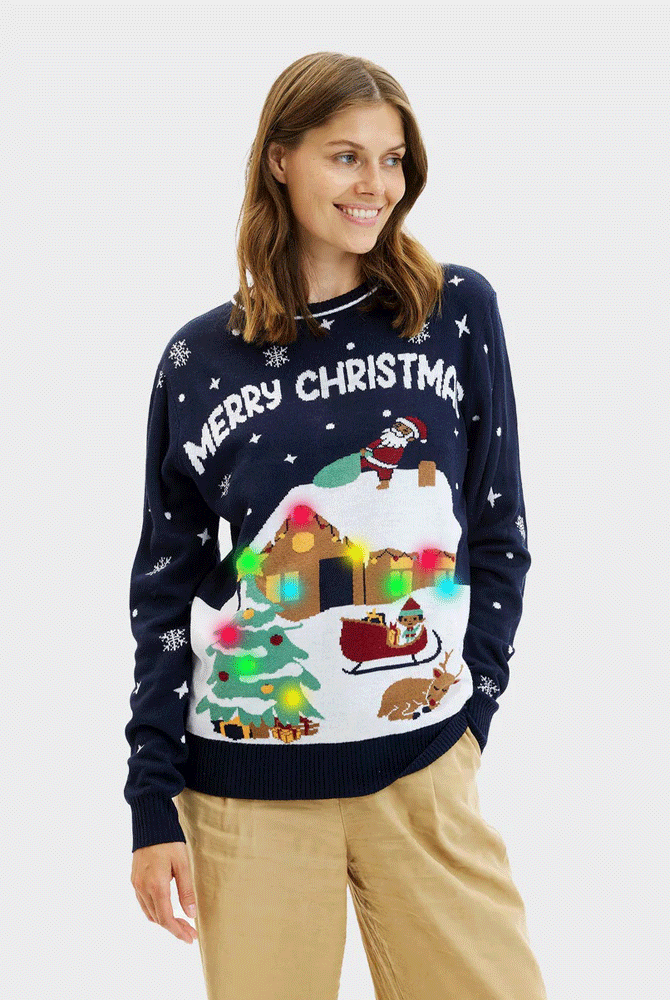 Maglione Natalizio di Coppia Donna con Luci LED Blu Merry Christmas