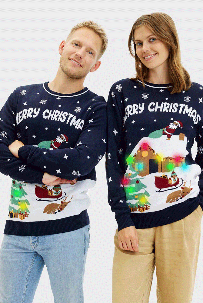 Maglione Natalizio di Coppia con Luci LED Blu Merry Christmas