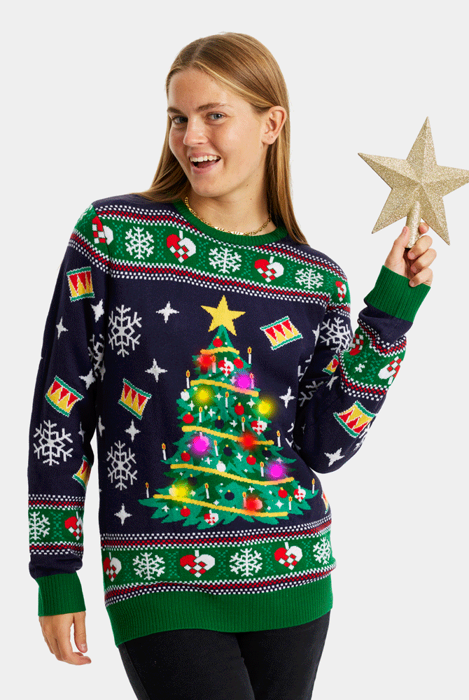 Maglione Natalizio di Coppia con Luci LED Blu con Albero di Natale Donna