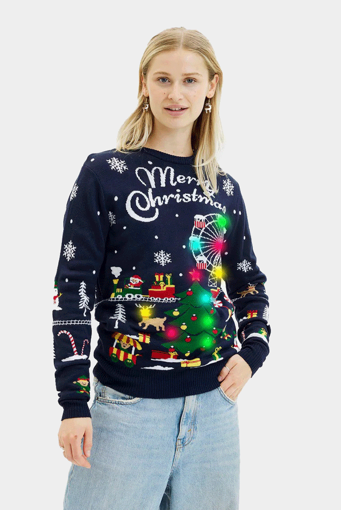 Maglione Natalizio di Coppia Donna con Luci LED Fiera di Natale