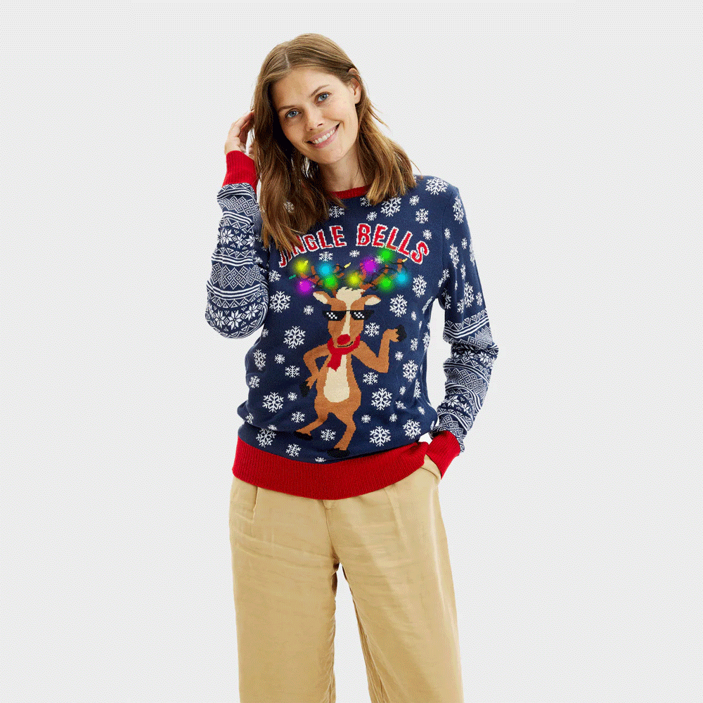 Maglione Natalizio di Coppia Donna con Luci LED Jingle Bells