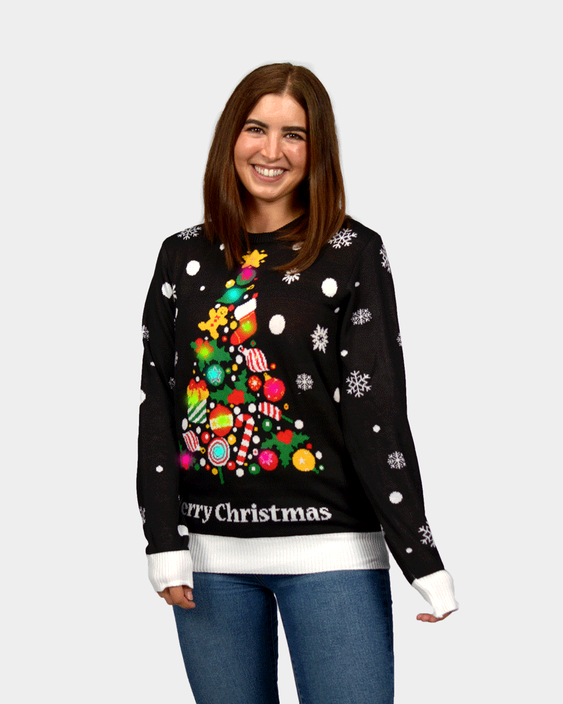 Maglione Natalizio di Coppia con Luci LED Nero con Albero di Natale Donna