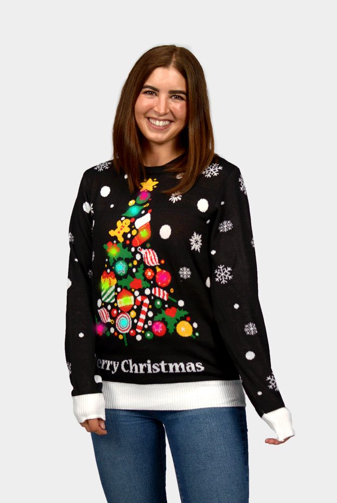 Maglione Natalizio di Coppia con Luci LED Nero con Albero di Natale Donna