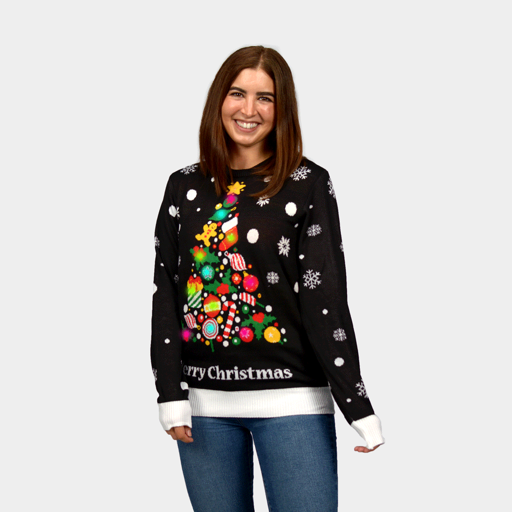 Maglione Natalizio di Coppia con Luci LED Nero con Albero di Natale Donna