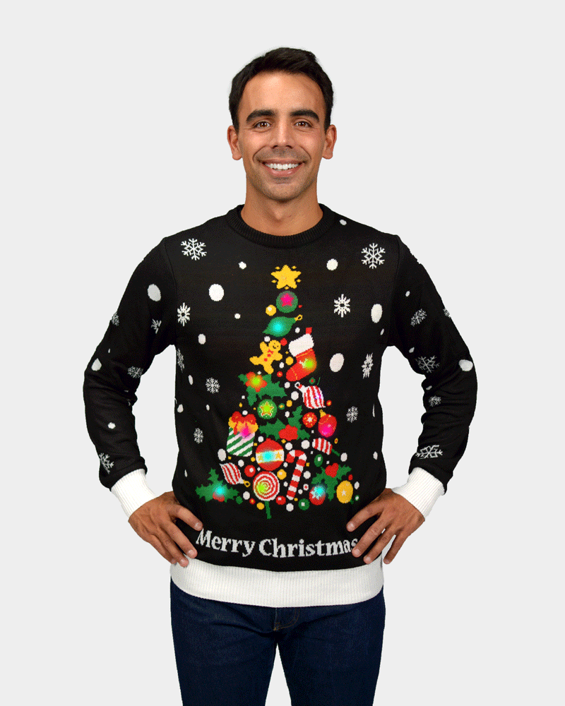 Maglione Natalizio di Coppia con Luci LED Nero con Albero di Natale Uomo