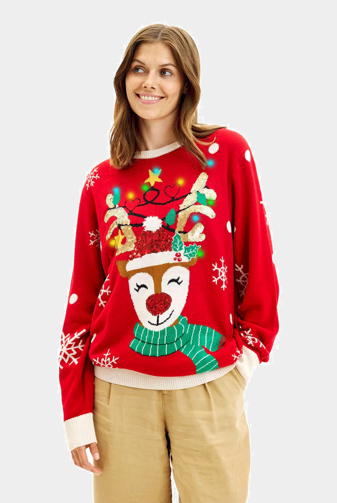 Maglione Natalizio di Coppia Luci LED Renna Brillante Paillettes Uomo