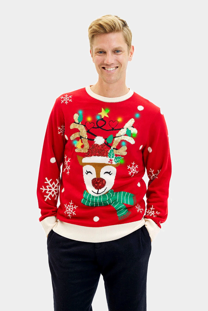 Maglione Natalizio di Coppia Luci LED Renna Brillante Paillettes Uomo