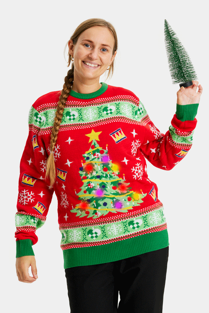 Maglione Natalizio di Coppia con Luci LED Rosso con Albero di Natale Donna