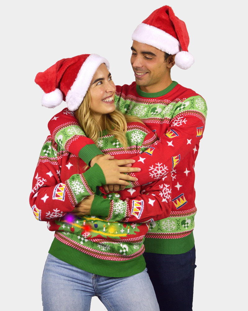 Maglione Natalizio di Coppia con Luci LED Rosso con Albero di Natale