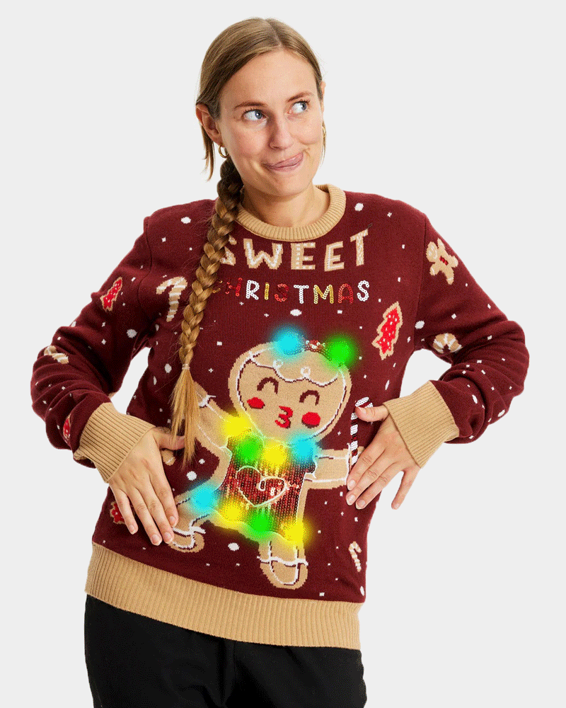 Maglione Natalizio di Coppia Donna con Luci LED Rosso Ginger Cookie