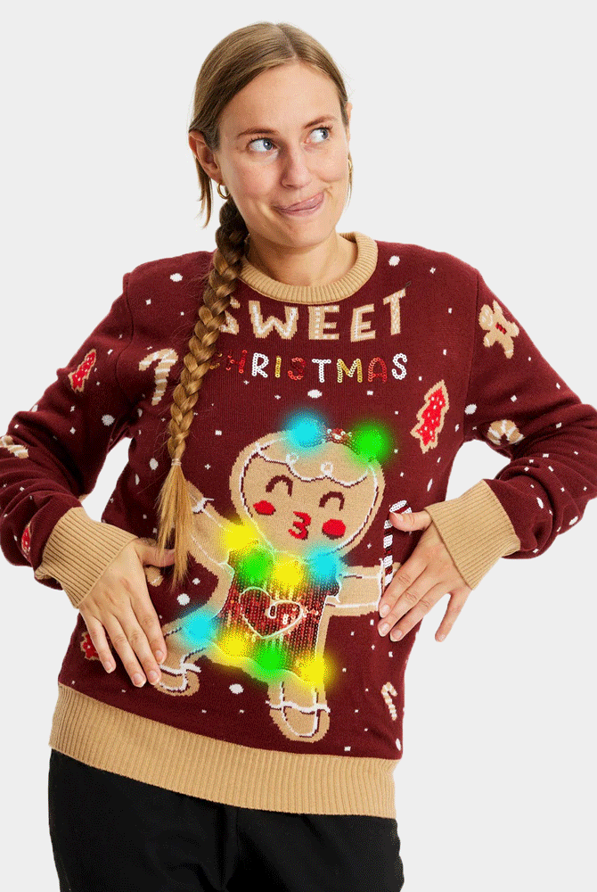 Maglione Natalizio di Coppia Donna con Luci LED Rosso Ginger Cookie