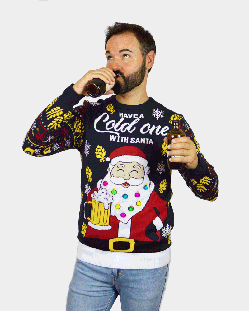 Maglione Natalizio Coppia Uomo con Luci LED Babbo Natale con Birra