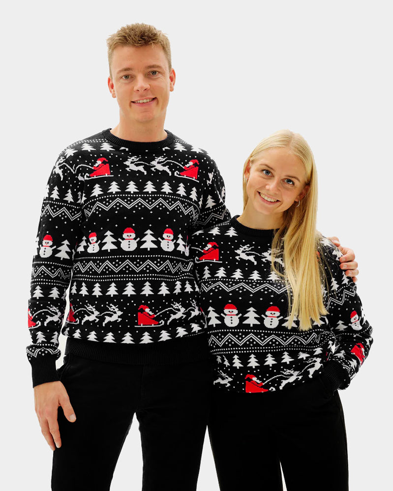 Maglione Natalizio Coppia Nero Alberi, Pupazzi di Neve e Babbo Natale