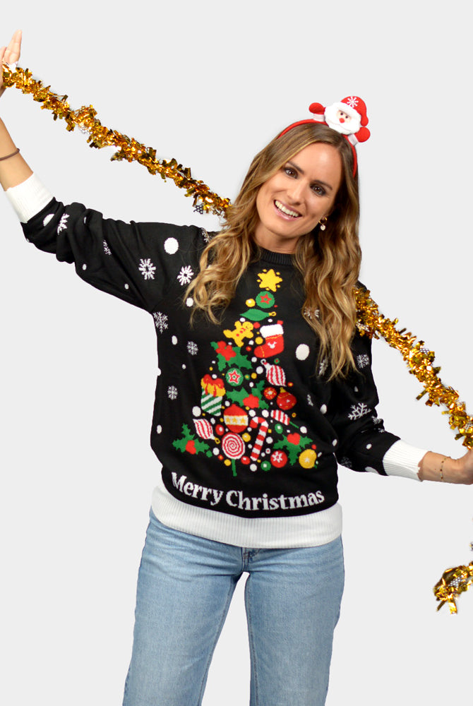 Maglione Natalizio di Coppia Nero con Albero Natalizio Donna