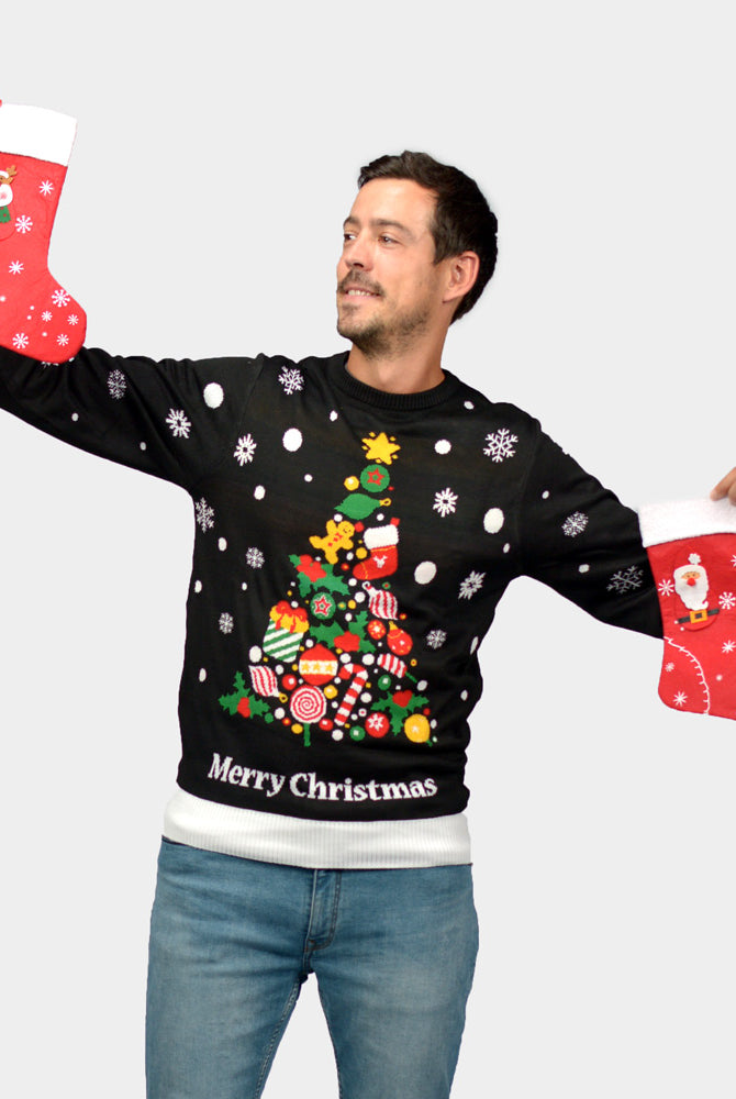 Maglione Natalizio di Coppia Nero con Albero Natalizio Uomo