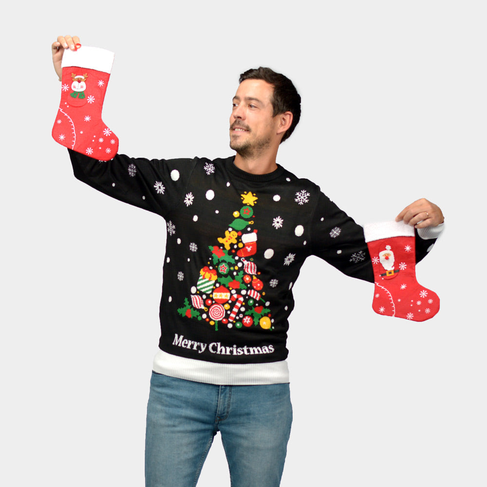 Maglione Natalizio di Coppia Nero con Albero Natalizio Uomo
