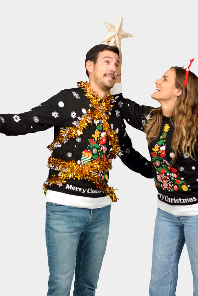 Maglione Natalizio di Coppia Nero con Albero Natalizio