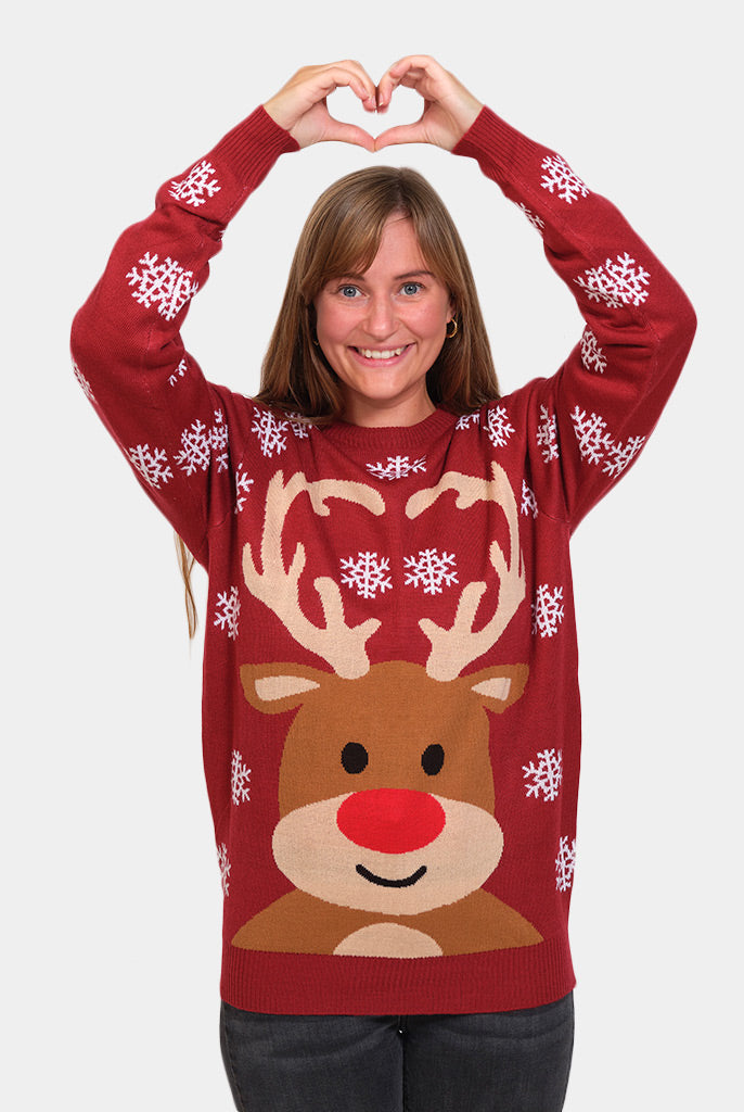 Maglione Natalizio di Coppia Donna con Renna Rudolph Rosso