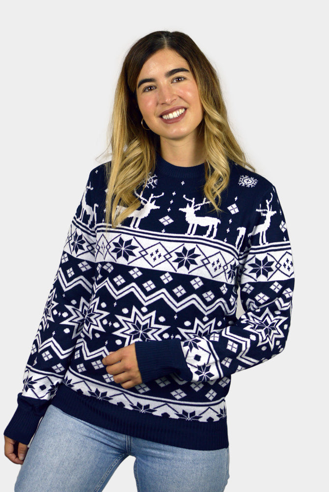 Maglione Natalizio di Coppia con Renne e Stelle Blu Nordic donna