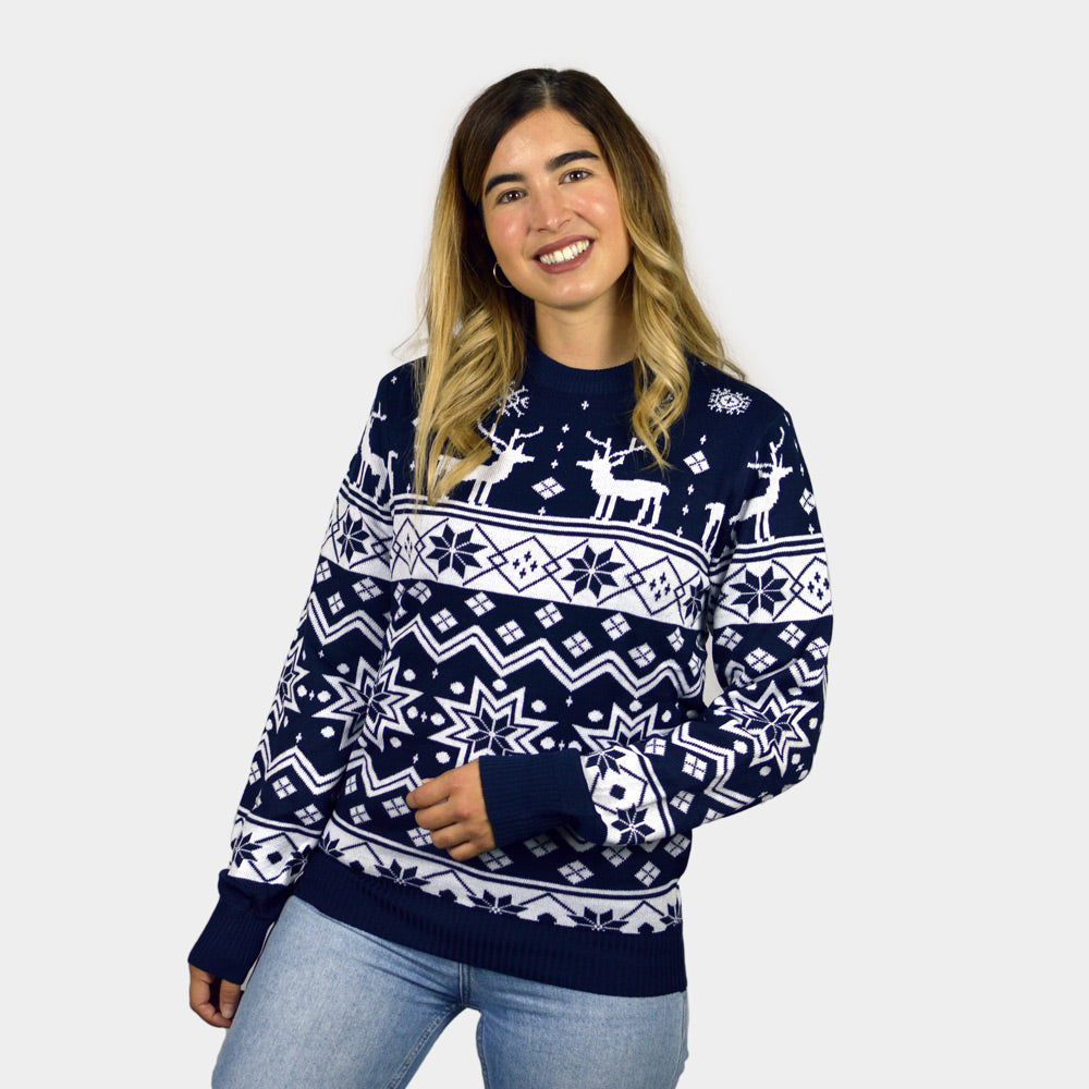 Maglione Natalizio di Coppia con Renne e Stelle Blu Nordic donna
