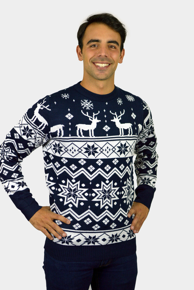 Maglione Natalizio di Coppia con Renne e Stelle Blu Nordic uomo