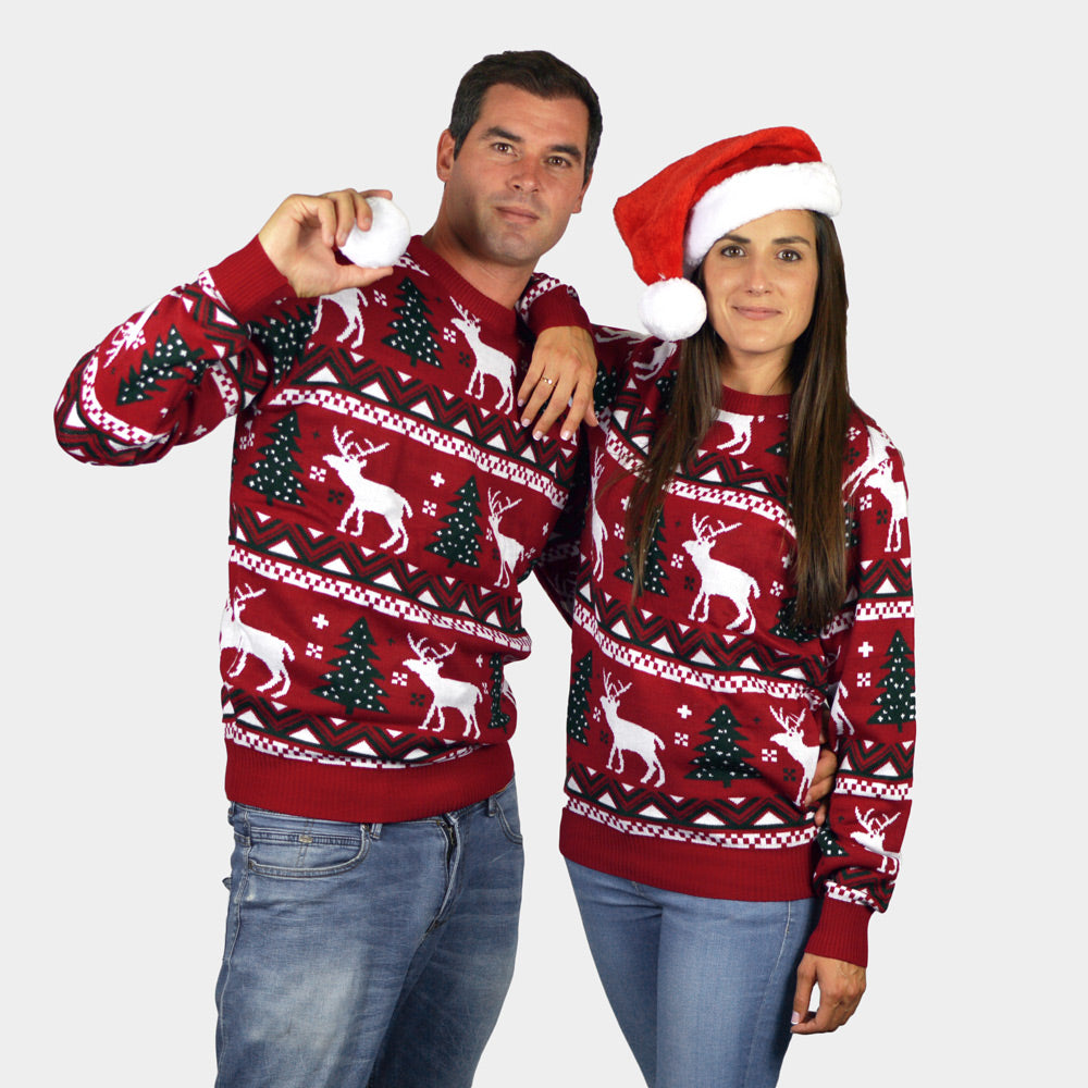Maglione Natalizio di Coppia Rosso Alberi di Natale e Renne