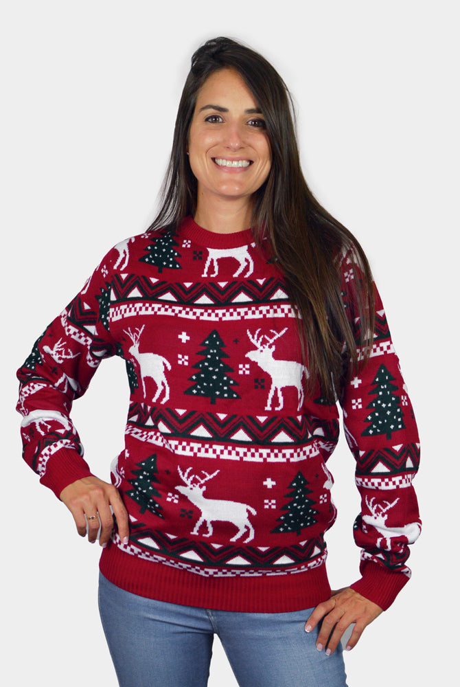 Maglione Natalizio di Coppia Rosso Alberi di Natale e Renne donna
