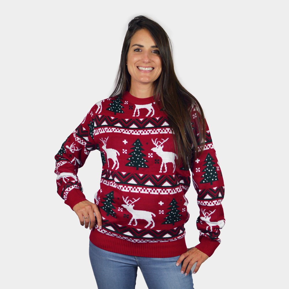 Maglione Natalizio di Coppia Rosso Alberi di Natale e Renne donna