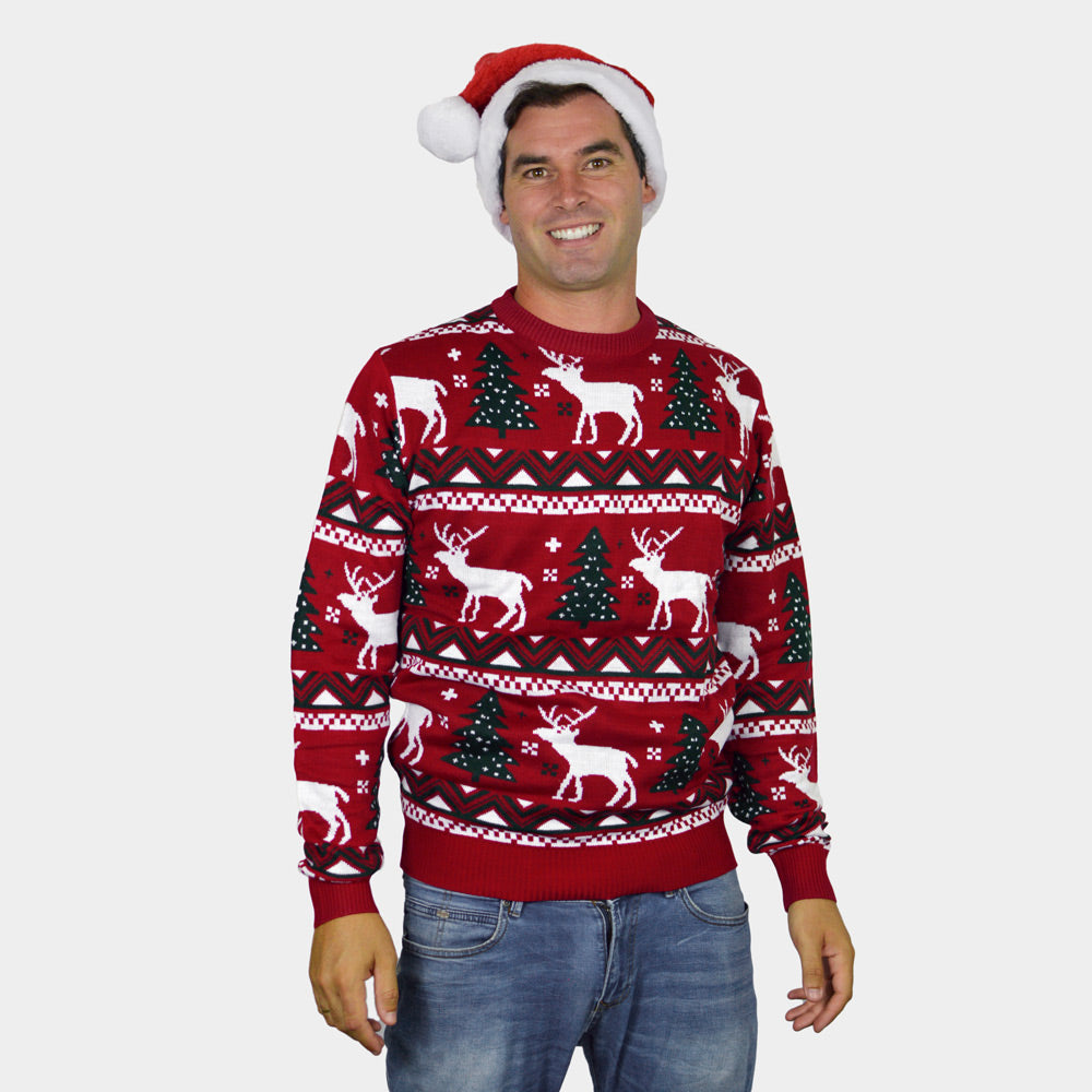 Maglione Natalizio di Coppia Rosso Alberi di Natale e Renne uomo