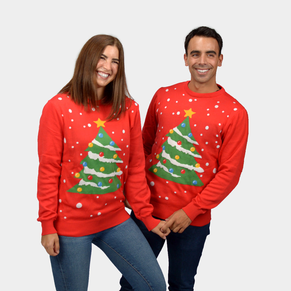 Maglione Natalizio di Coppia Rosso Albero di Natale