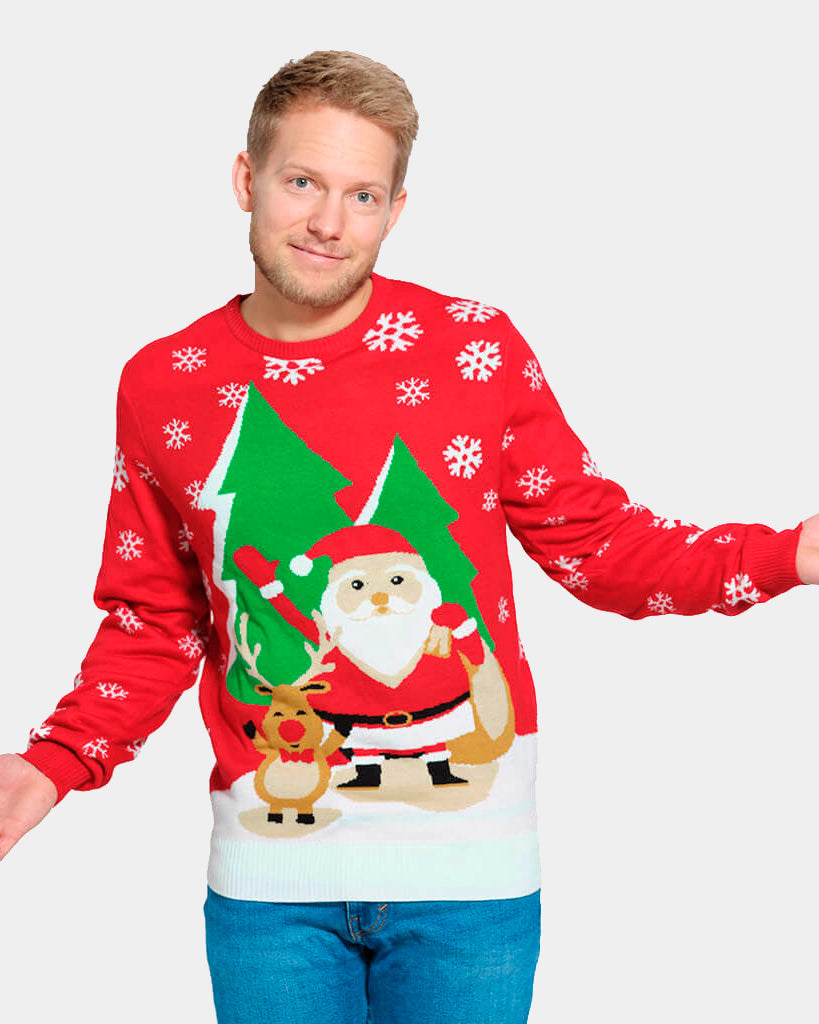 Maglione Natalizio di Coppia Rosso Uomo con Babbo Natale e Renna che Salutano