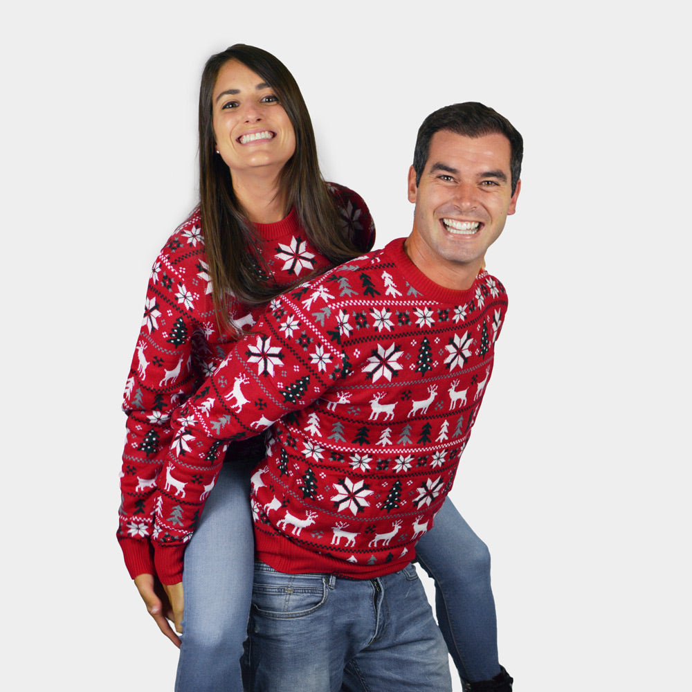 Maglione Natalizio di Coppia Rosso Renne, Alberi e Stelle Polari