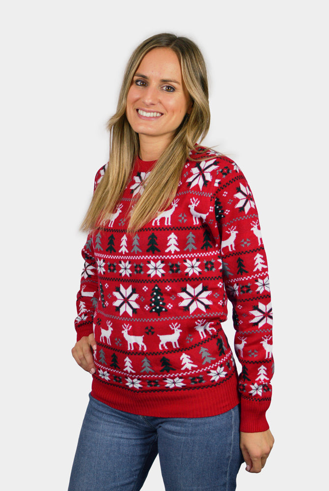Maglione Natalizio di Coppia Rosso Renne, Alberi e Stelle Polari donna