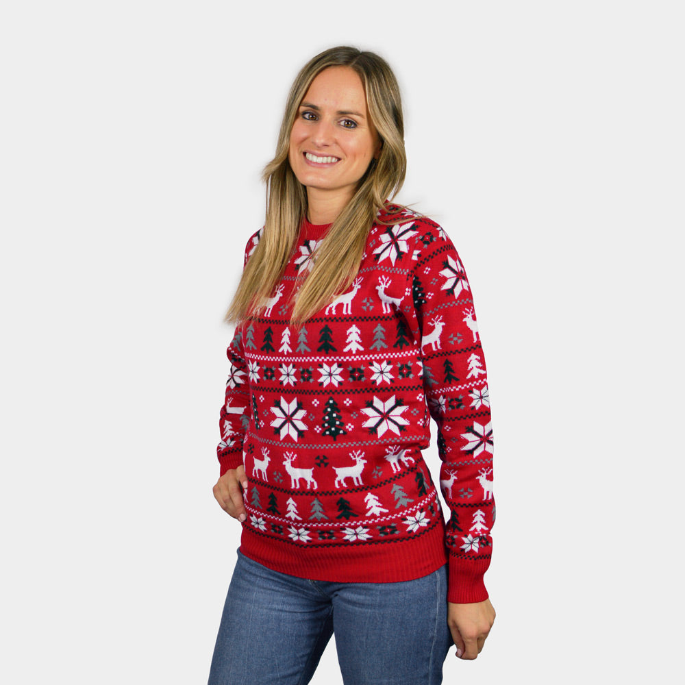 Maglione Natalizio di Coppia Rosso Renne, Alberi e Stelle Polari donna