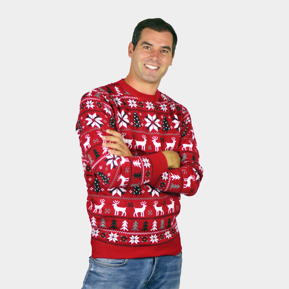Maglione Natalizio di Coppia Rosso Renne, Alberi e Stelle Polari uomo