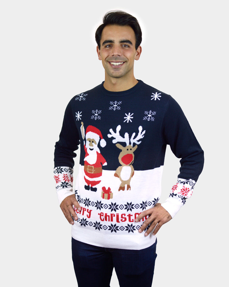 Maglione Natalizio di Coppia Uomo Cotone Biologico Blu Babbo Natale Renna Rudolph