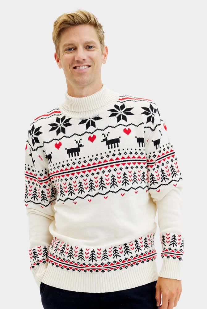 Maglione Natalizio di Coppia Uomo Cotone Biologico a Collo Alto Elegante Beige