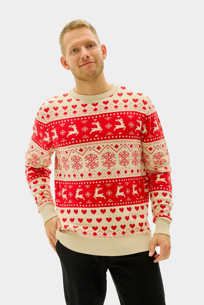 Maglione Natalizio di Coppia Uomo Cotone Biologico con Cuori Rossi e Beige
