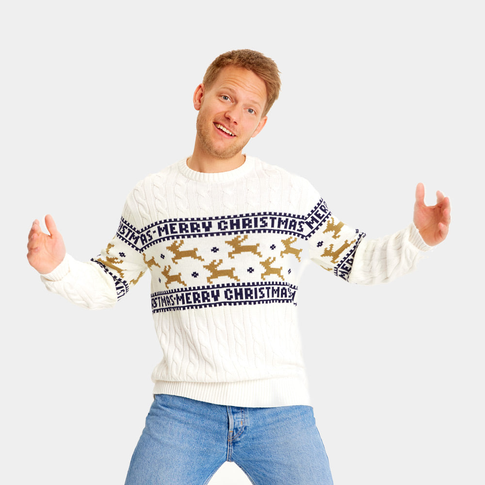 Maglione Natalizio di Coppia Uomo Cotone Biologico Elegante Bianco con Renne