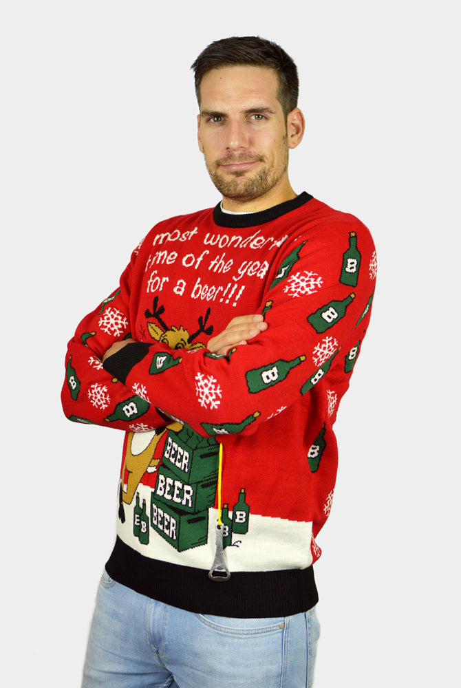 Maglione Natalizio di Coppia Uomo Renna e Apribottiglie per Birra