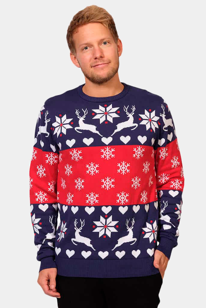 Maglione Natalizio Coppia Uomo con Renne e Cuori Blu e Rosso