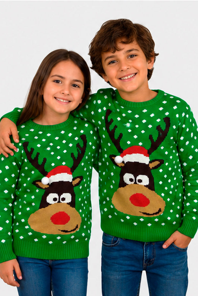 Maglione Natalizio bambini Coppia Verde Renna Cappello 3D