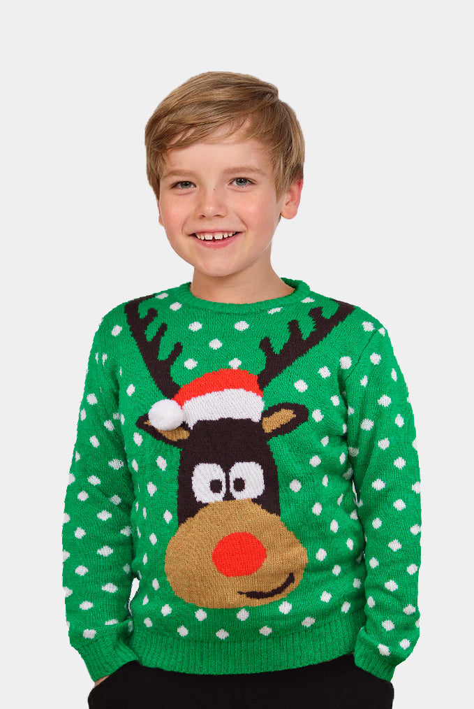 Maglione Natalizio bambini Coppia Verde Renna Cappello 3D
