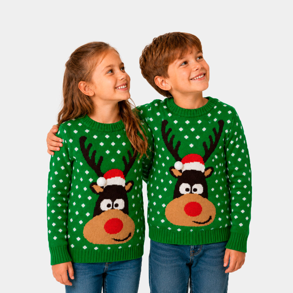 Maglione Natalizio bambini Coppia Verde Renna Cappello 3D