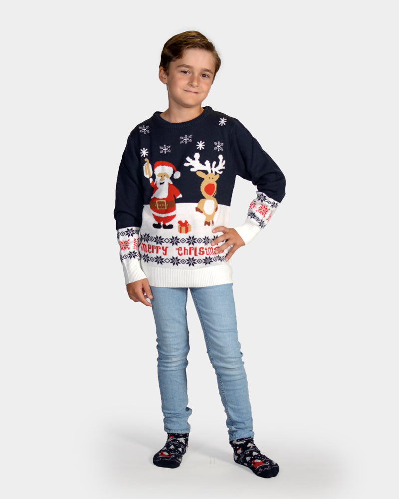 Bambini Maglione Natalizio Cotone Bio Blu Babbo Natale Renna Rudolph