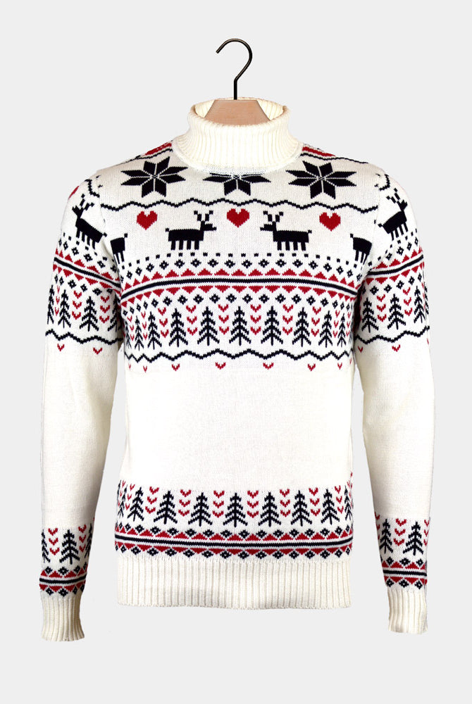 Maglione Natalizio Cotone Biologico Collo Alto Elegante Coppia Beige
