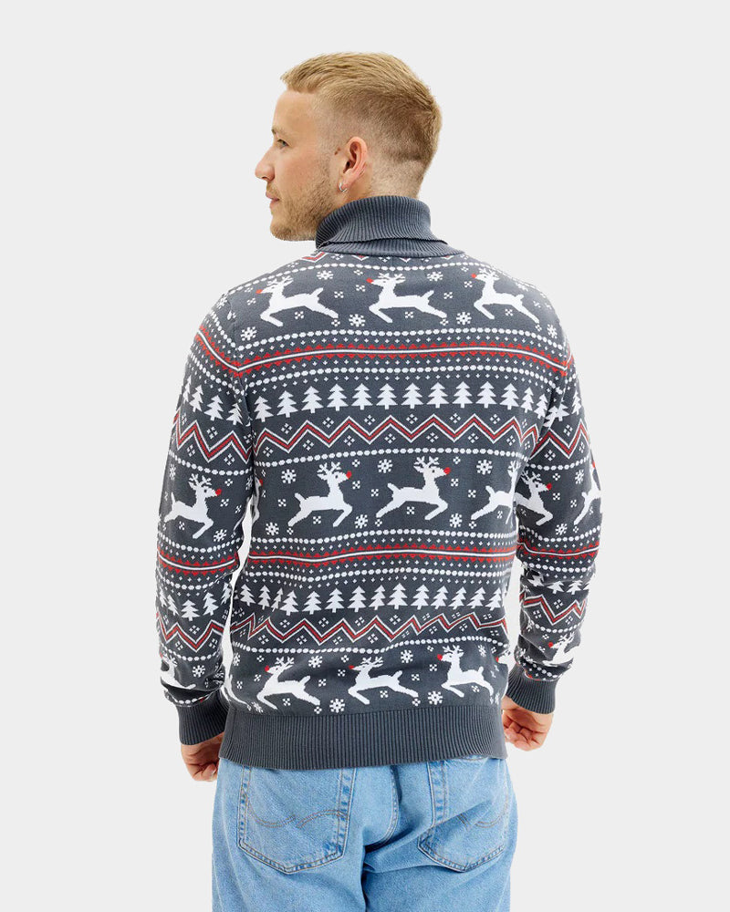 Maglione Natalizio  in Cotone Biologico a Collo Alto Grigio con Renne