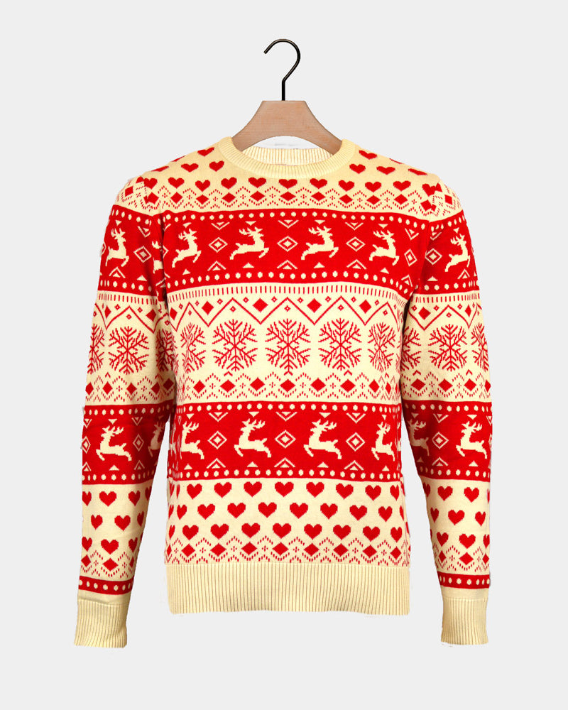 Maglione Natalizio di Donna in Cotone Biologico Cuori Rossi e Beige